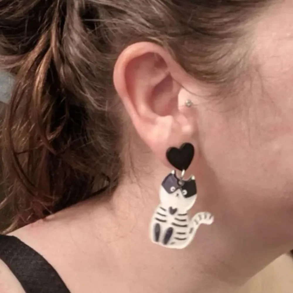 Halloween Goth Lolita Calavera Skeleton Black Kitty Cat Dangle Earrings